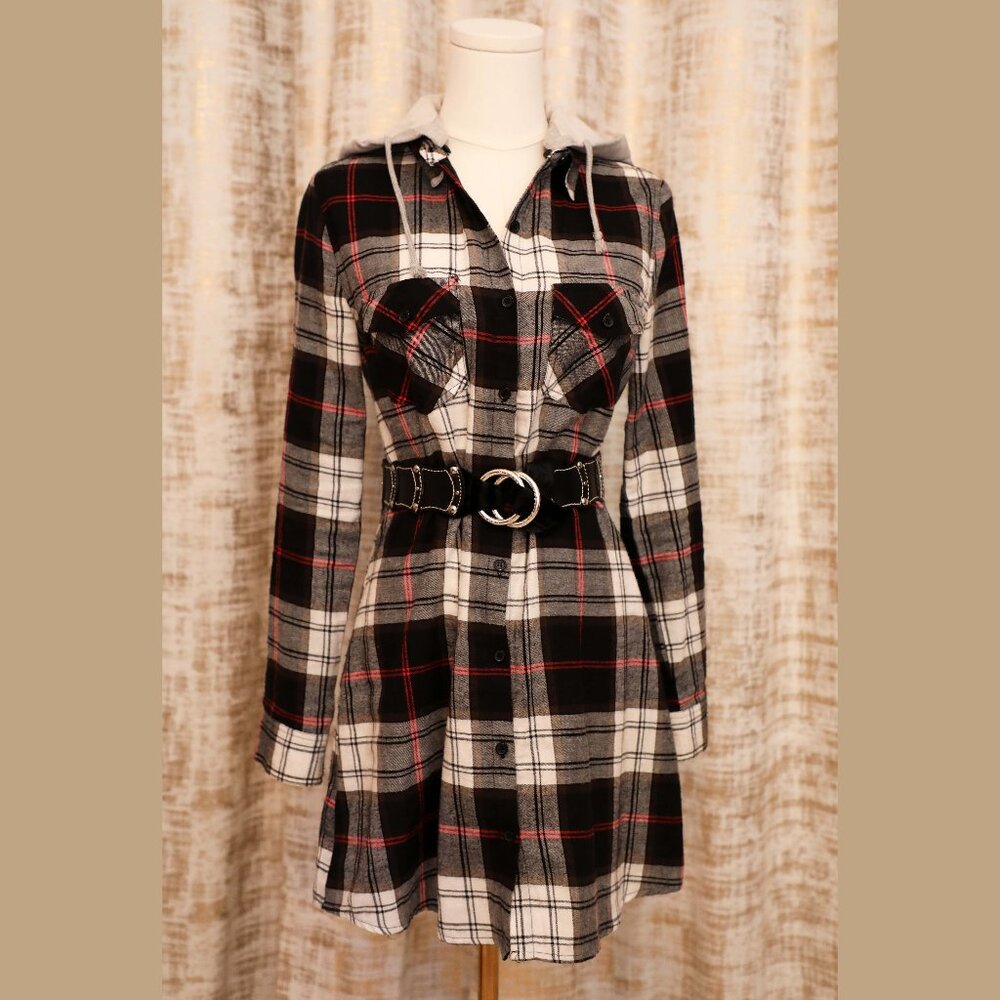 Love Tree B/W Flannel Shirt Dress w/Hoodie Collar Size S (belt not included)